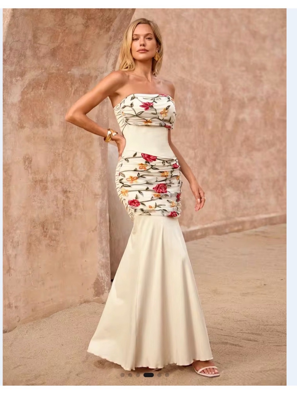 New Arrivals! Strapless Cream Floral Ruched Mermaid Dress